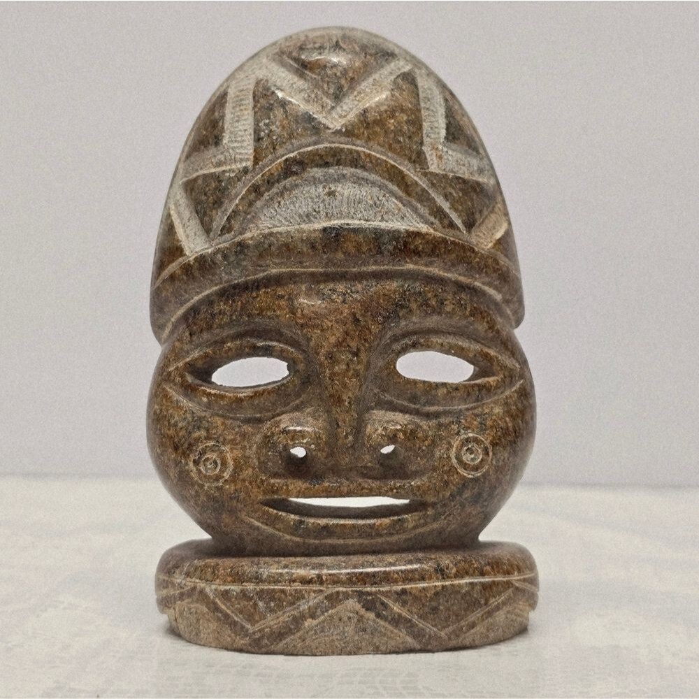 Vintage Aztec Mayan Pre-columbian Style Handcarved Stone Tribal Mask Figurine